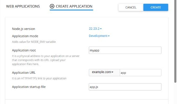 Creating a Node.js application with version, root, URL and startup file