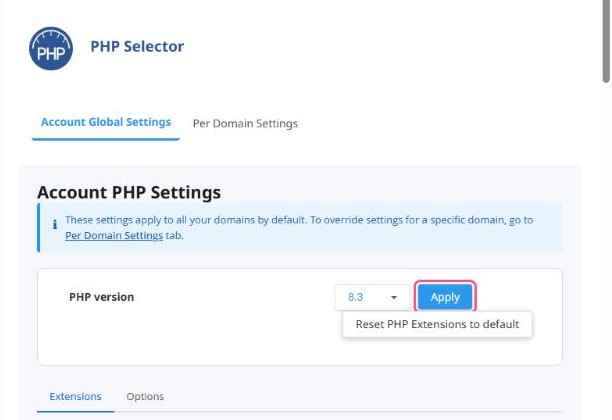 PHP Selector with version 8.3 selected and the Apply button
