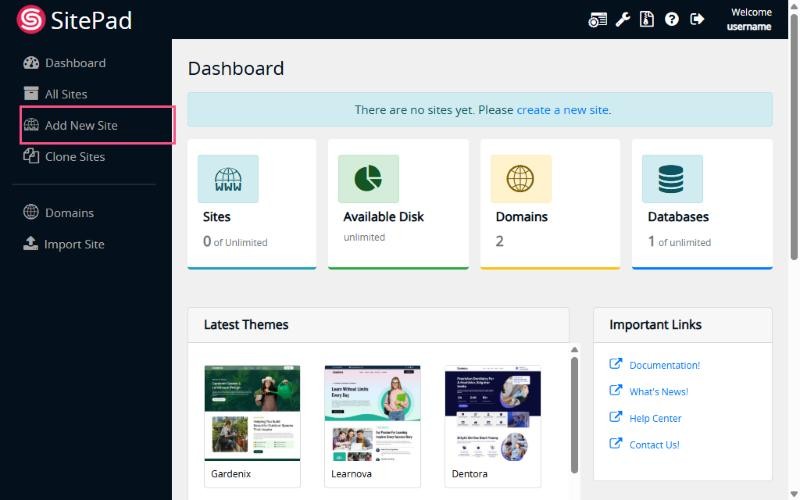 The SitePad dashboard with the Add New Site option