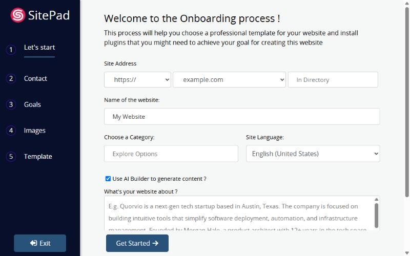 The first step of the SitePad onboarding