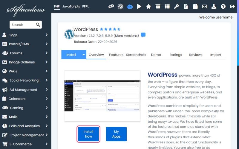 The WordPress page in Softaculous with the Install Now button