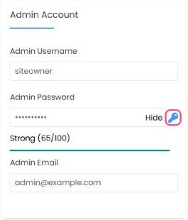 Admin Account with a custom username and a generated password