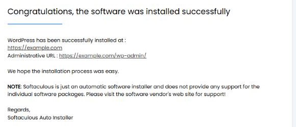 Softaculous confirming a successful WordPress installation