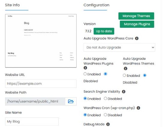 Installation details with update, theme and plugin settings
