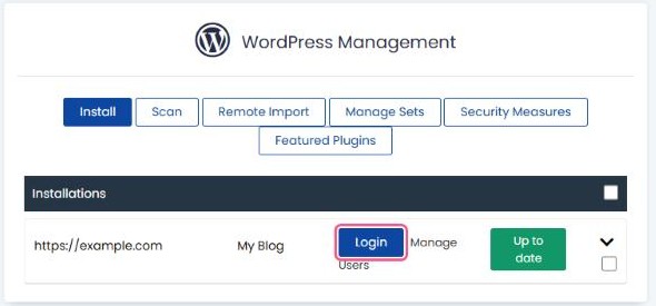 WordPress Management showing an installation with the Login button