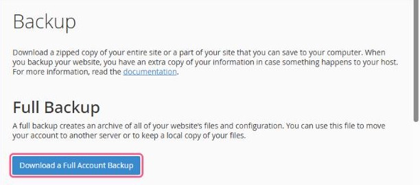 The Backup page with the Download a Full Account Backup button