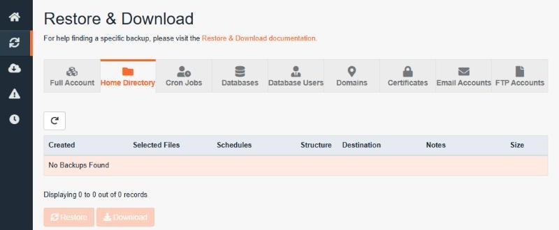 The Restore & Download page in JetBackup with the Home Directory tab