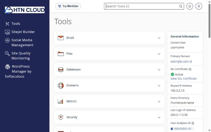 The cPanel Tools page with its sections and the General Information panel