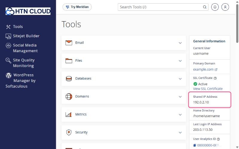 The Shared IP Address shown in the cPanel General Information panel