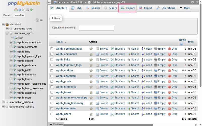 phpMyAdmin with a database open and the Export and Import tabs