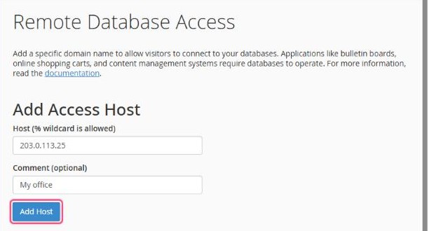 Adding an IP address in Remote Database Access