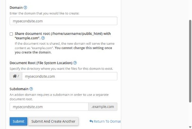 Creating a new domain in cPanel with its own document root