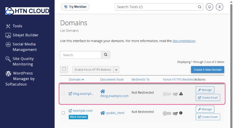The Domains list showing the new subdomain and its document root