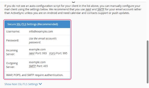 The recommended secure SSL/TLS settings for a mail app