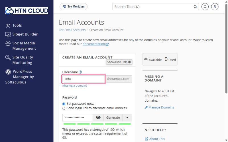 Creating the email account info@example.com with a generated password