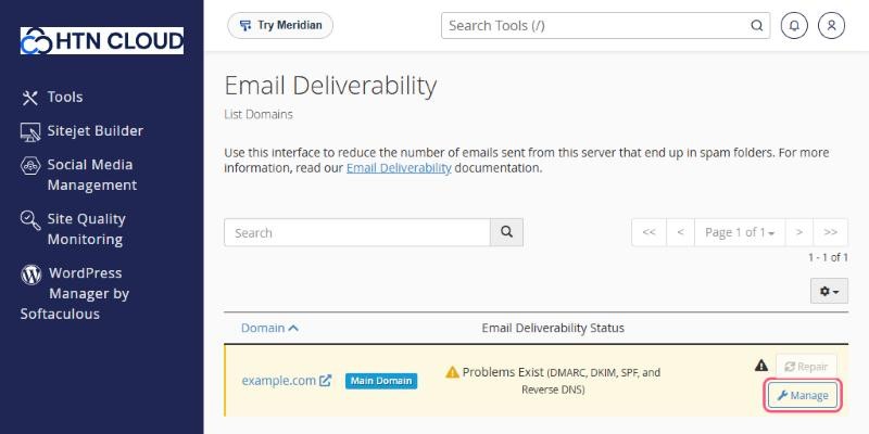 The Email Deliverability page with the Manage button