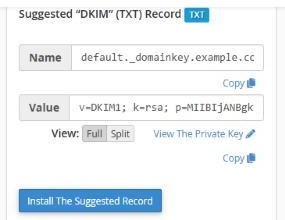 The suggested DKIM record with its Name and Value