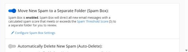 Spam Box is enabled, sending likely spam to a separate folder