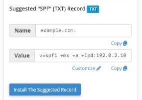 The suggested SPF record with its Name and Value