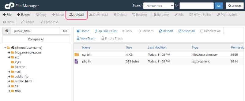 File Manager showing the public_html folder and the toolbar