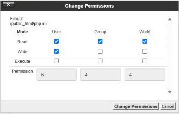 The Change Permissions window showing 644 for a file
