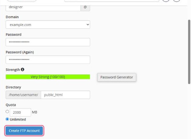 Creating the FTP account designer@example.com with access to public_html