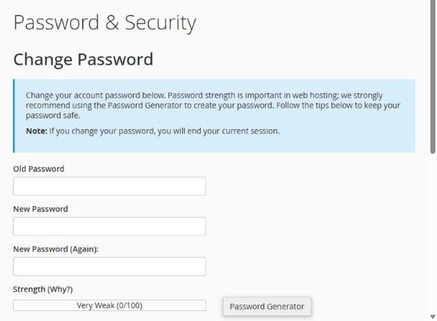 The Password & Security page in cPanel