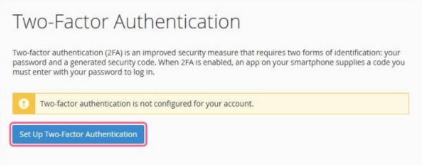 The Two-Factor Authentication page in cPanel