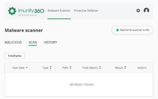 The Imunify360 malware scanner with the real-time scanner switched on