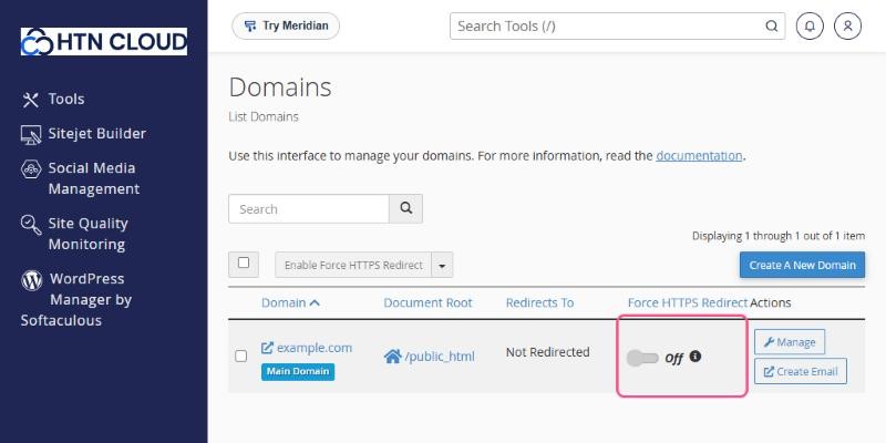 The Force HTTPS Redirect switch in the Domains list
