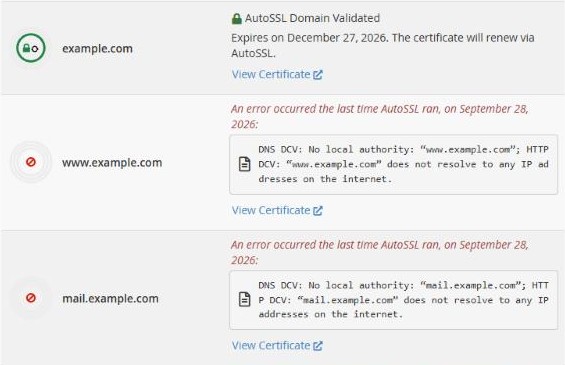 SSL/TLS Status: the main domain is validated, while www and mail don't resolve yet
